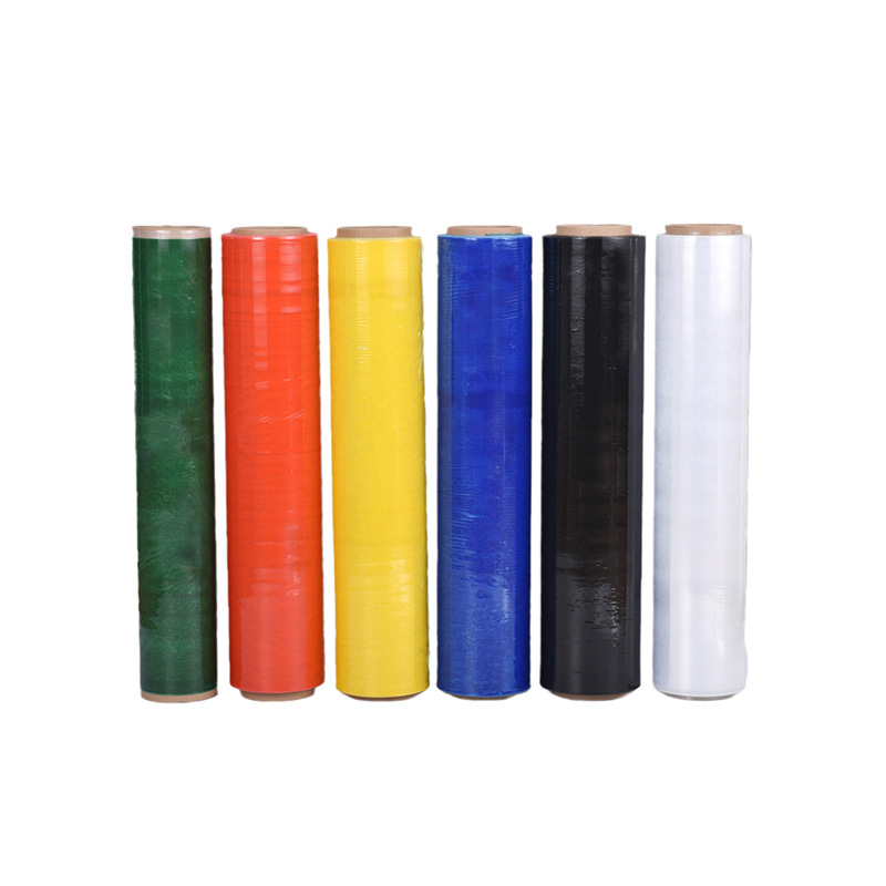 Película estirable de color personalizada, película estirable, color rojo, amarillo, verde, azul, embalaje en blanco y negro, película de embalaje, película de mano de PE, película de color