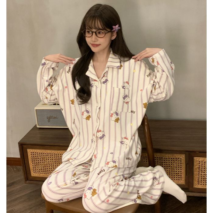 日系卡通睡衣女春秋季新款棉绸波点腊肠狗长袖大码网红家居服套装|undefined