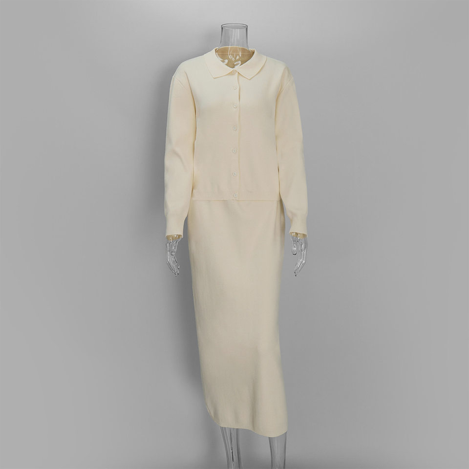 Bộ đầm len dệt kim áo khoác cardigan cổ bẻ cài nút và chân váy dài phong cách Âu Mỹ — Màu be chi tiết 9
