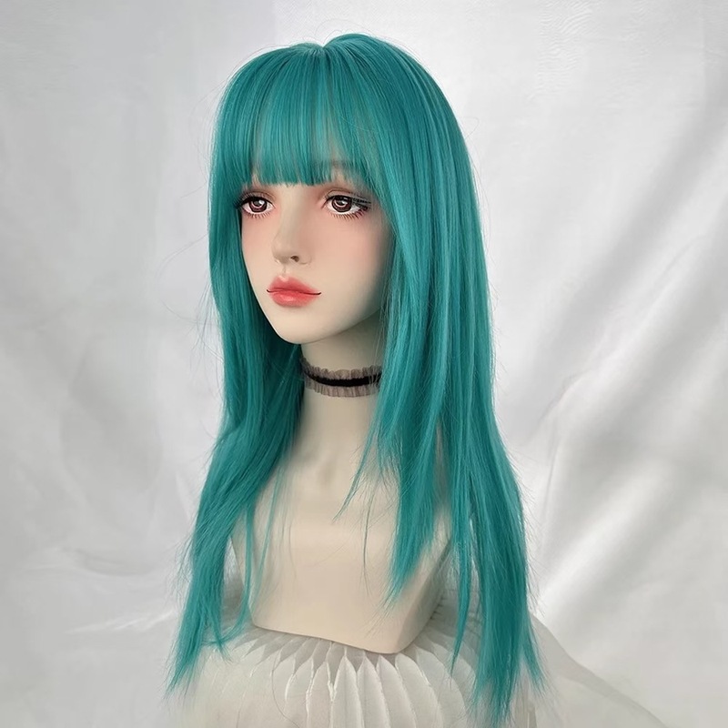 ターコイズグリーン調節可能なアニメウィッグ前髪付きロングストレートヘアレイヤードローズネットウィッグ|undefined