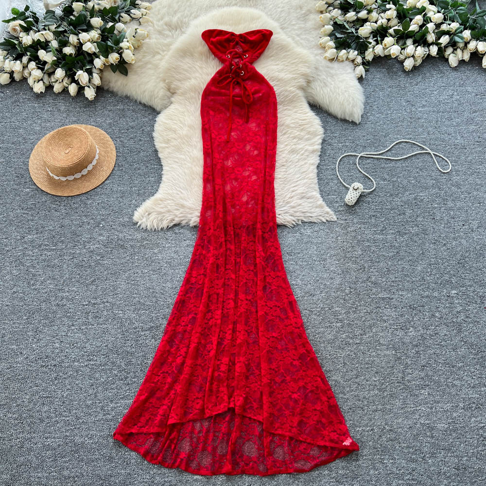 Red Lace Dress with a Rich and Elegant Style, Strapless, Slim-Fit, Long, Waist-Cinching, Sexy, and High-End Gown for Women