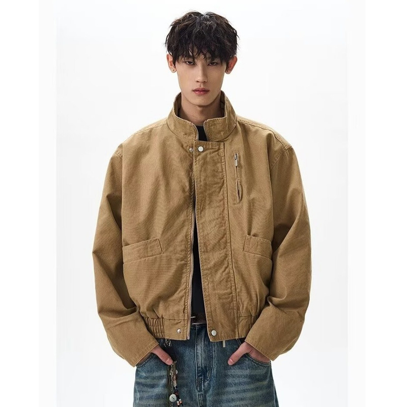 Washed Canvas Jacket Men's Spring and Autum Versatile Casual American Retro Stand-Up Collar Short Bomber Top Jacket