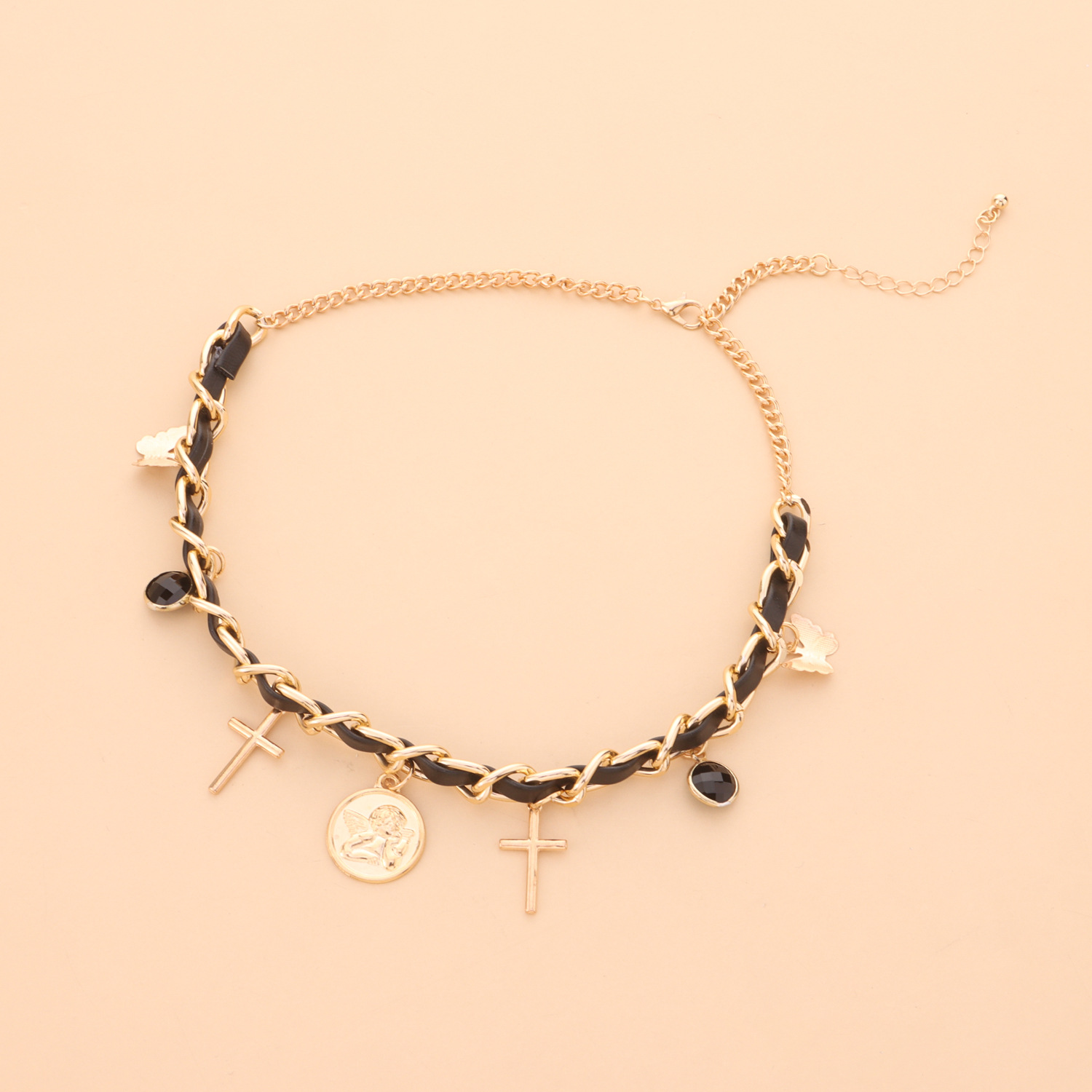 European and American Cross-border Jewelry Geometric Round Angel Boy Pendant Necklace Women's Cross Butterfly Multi-element Necklace