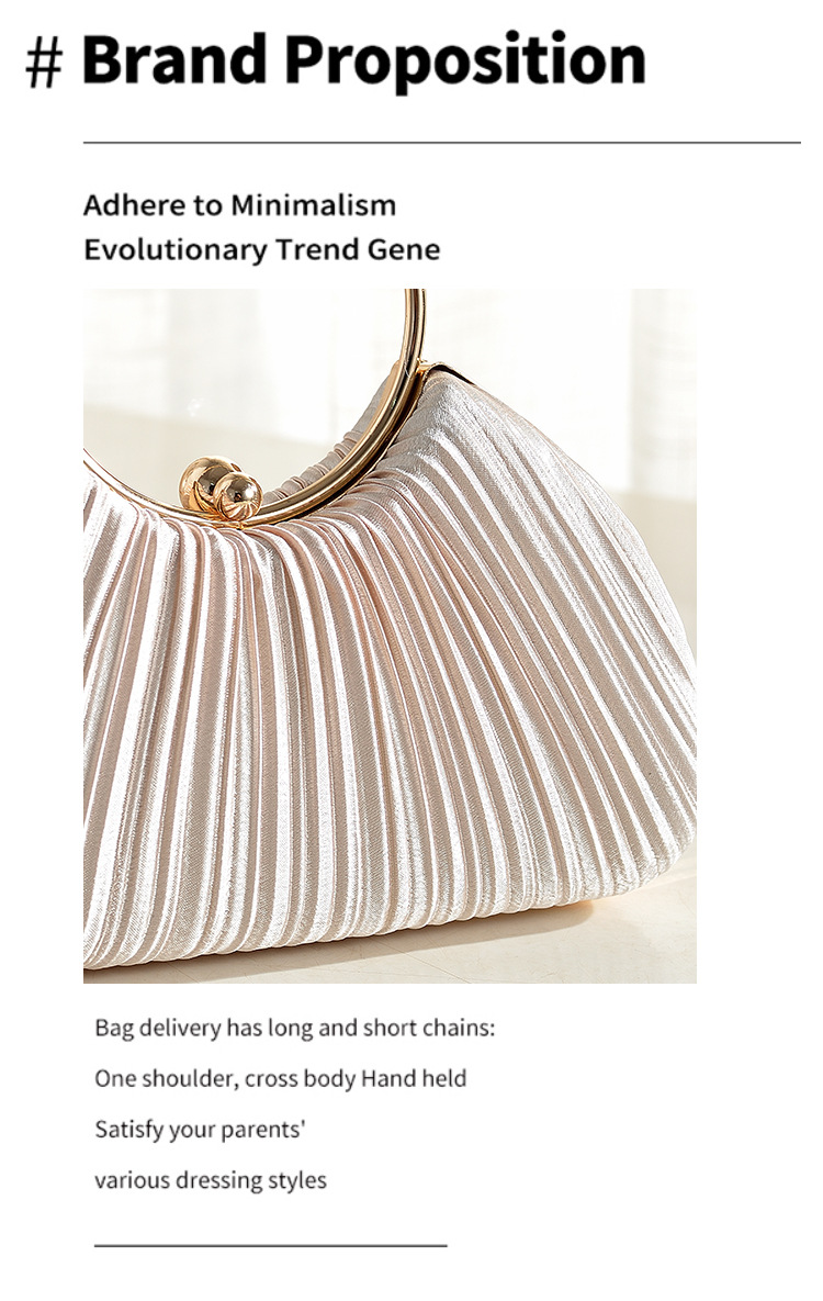 Túi clutch dạ tiệc satin xếp ly hình vòng tròn, phong cách sườn xám, có dây đeo chéo — Màu mơ, Màu trắng, Màu bạc, Màu hồng chi tiết 4