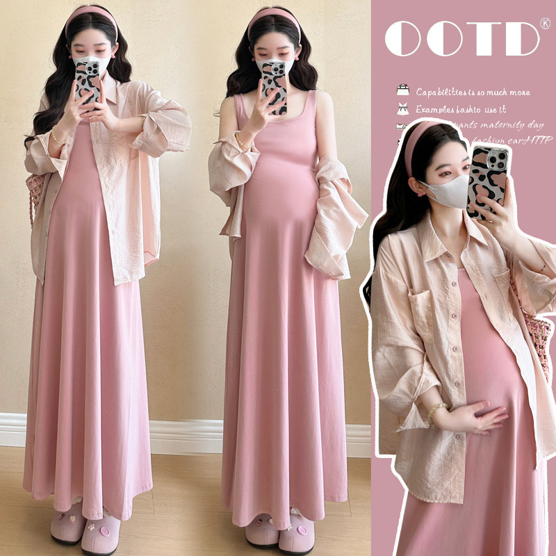Maternity Set 2026 Fashionable Slim-Fit Square-Neck Tank Top and Slip Dress with Sun-Protective Shirt Two-Piece Summer Maternity Outfit