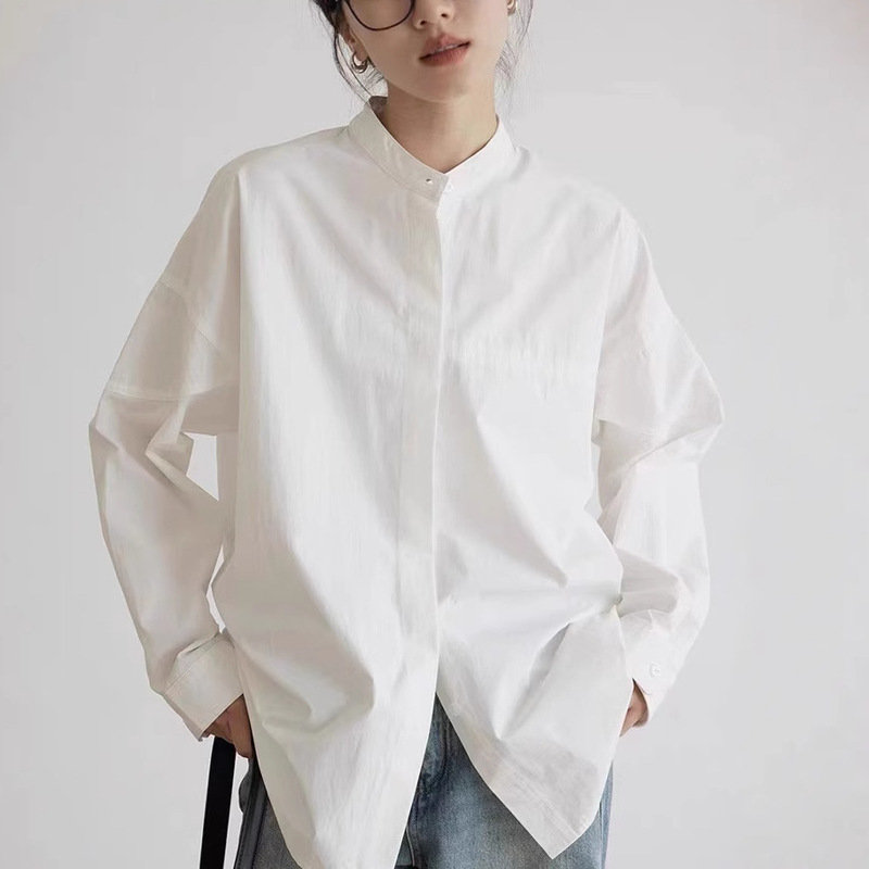 White Shirt Women's Early Autumn Stand-Up Collar Work Clothing Basic Long-Sleeved Shirt 2025 New Casual Versatile Loose Top White Shirt Women's Early Autumn Stand-Up Collar Work Clothing Basic Long-Sleeved Shirt 2025 New Casual Versatile Loose Top