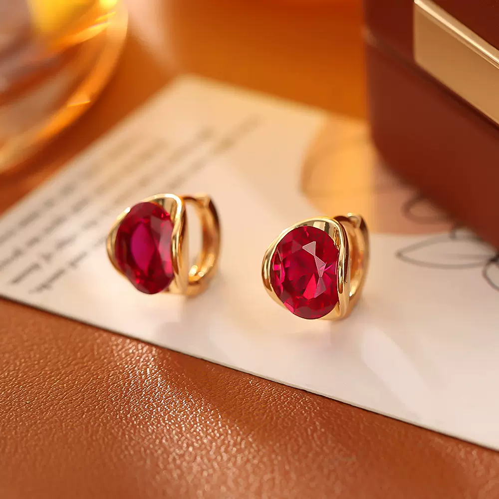 源头工厂红色锆石耳环高级感时尚简约气质耳饰铜镀真金网红风耳扣