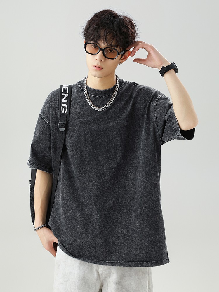 Camiseta de manga corta para hombre, estilo retro con lavado efecto nieve, 240g, nuevo estilo de verano, camiseta básica de algodón puro texturizado estilo japonés con cuello redondo q