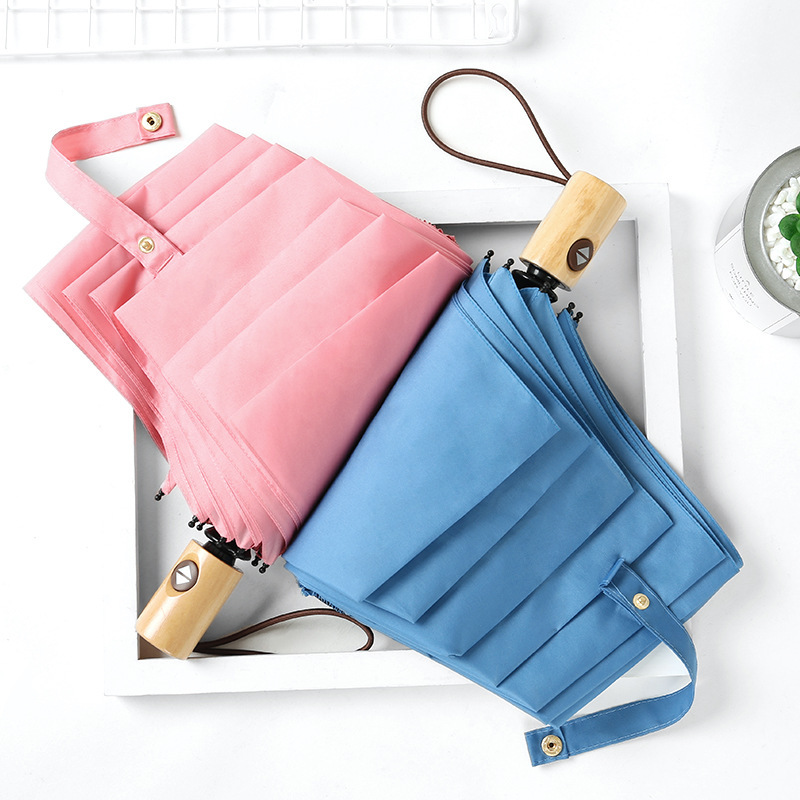 Retro mango de madera sólida tres plegables paraguas automáticos plegables sólidos paraguas comerciales se pueden imprimir logotipo paraguas publicidad paraguas