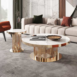 轻奢岩板圆形茶几现代简约家用小户型创意设计师不锈钢大小圆组合