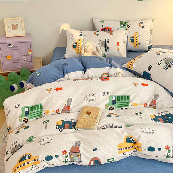 Boys and Girls Car Pure Cotton Cartoon Four-piece Set Bedding Quilt Cover Bed Sheet Student Children Three-piece Set