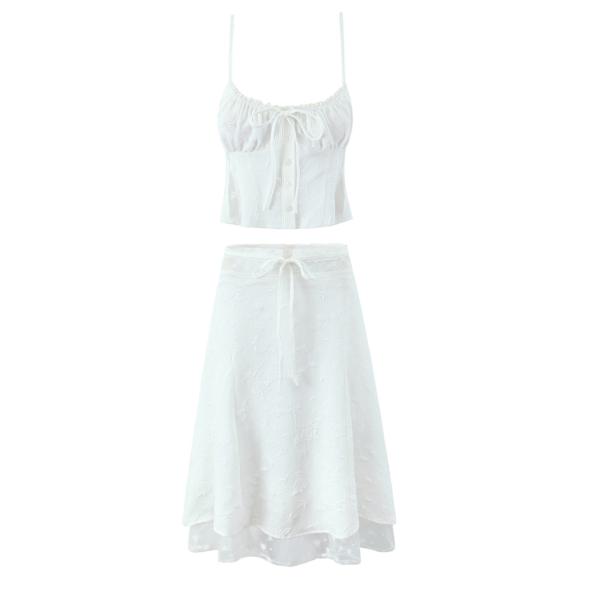 Sweet Lace Stitching Sling Vest High Waist Midi Skirt