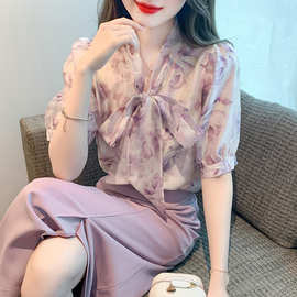 实拍2023夏季新款蕾丝衫/雪纺衫甜美淑女标准套头洋气小衫