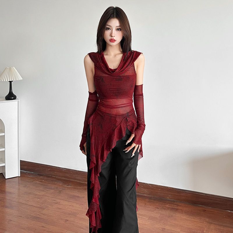 2025 New Halloween Cos Red Swing Collar Hooded T-Shirt Women's Ruffled Asymmetrical Sleeves Slimming Look Top