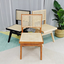北欧藤编椅子背靠实木人体工学椅藤编办公椅家用餐厅餐椅实木椅子