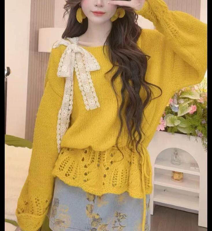 温柔甜美风2025秋季新款氛围感针织蝴蝶结拼接蕾丝绑带针织女上衣|undefined