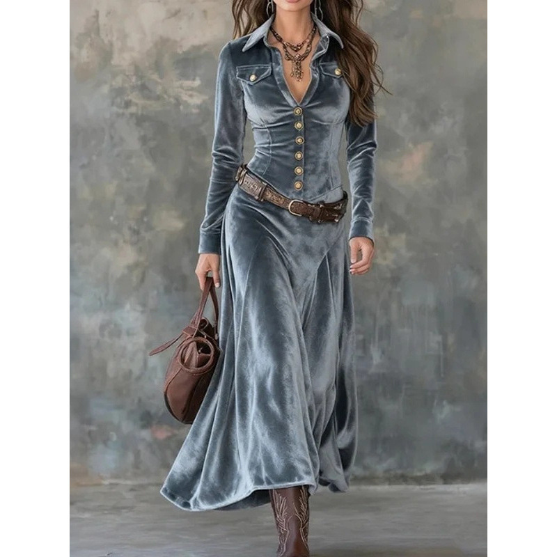 2026 European and American Cross-Border Aliexpress New Style Western Bohemian Style Velvet Belt Dress