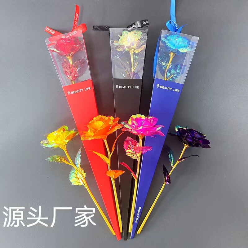 Color gold 520 gold foil rose triangle torch box simulation flower Tanabata lover mother teacher's day creative gift Color gold 520 gold foil rose triangle torch box simulation flower Tanabata lover mother teacher's day creative gift