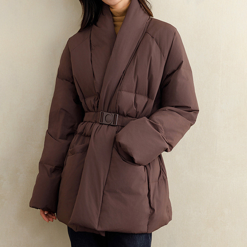 2024 가을과 겨울 새로운 패션 기질 여성 흰 오리 다운 재킷 겨울 V 넥 패션 느슨한 허리 코트