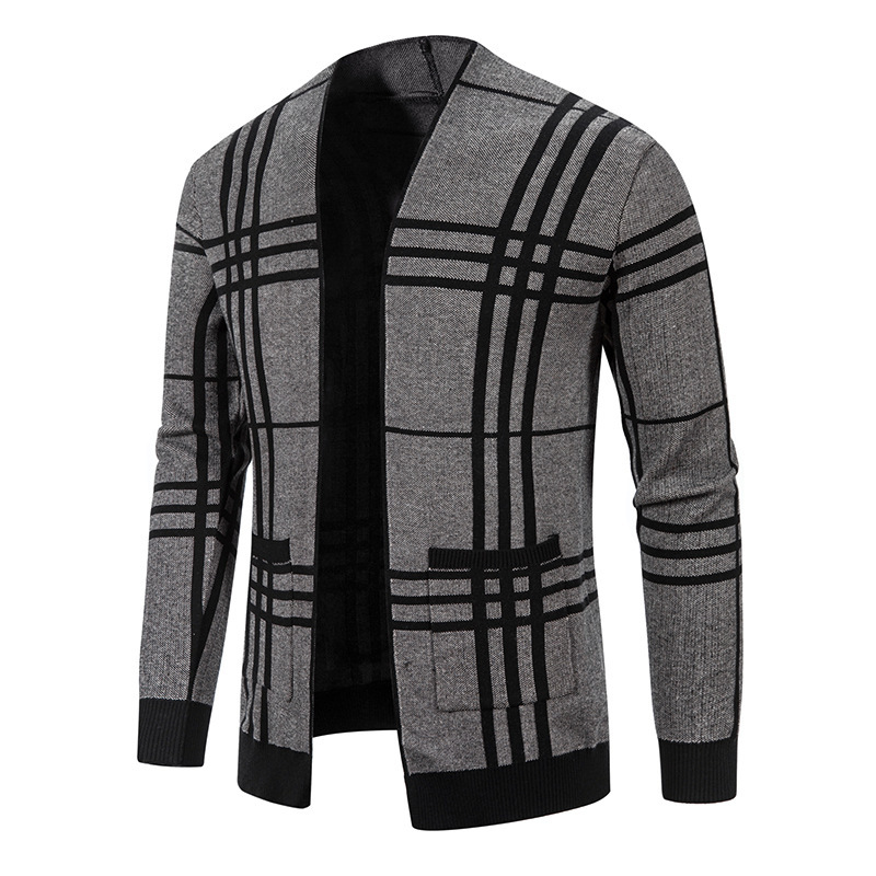 Men's youth plaid jacquard sweater jacket knitted cardigan men's_voghion.com
