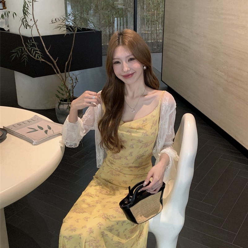 法式黄色碎花荡领吊带连衣裙女装夏季收腰裙子温柔风气质a字长裙|undefined