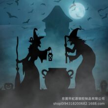 新款万圣节地插牌户外庭院镂空黑猫女巫坩埚剪影花园派对装饰标志