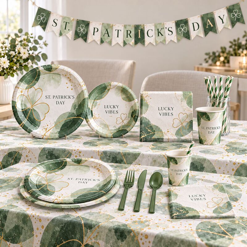 Green and Gold Shamrock St.Patrick’S Day Party Tableware Set Disposable Paper Plates and Cups Party Set