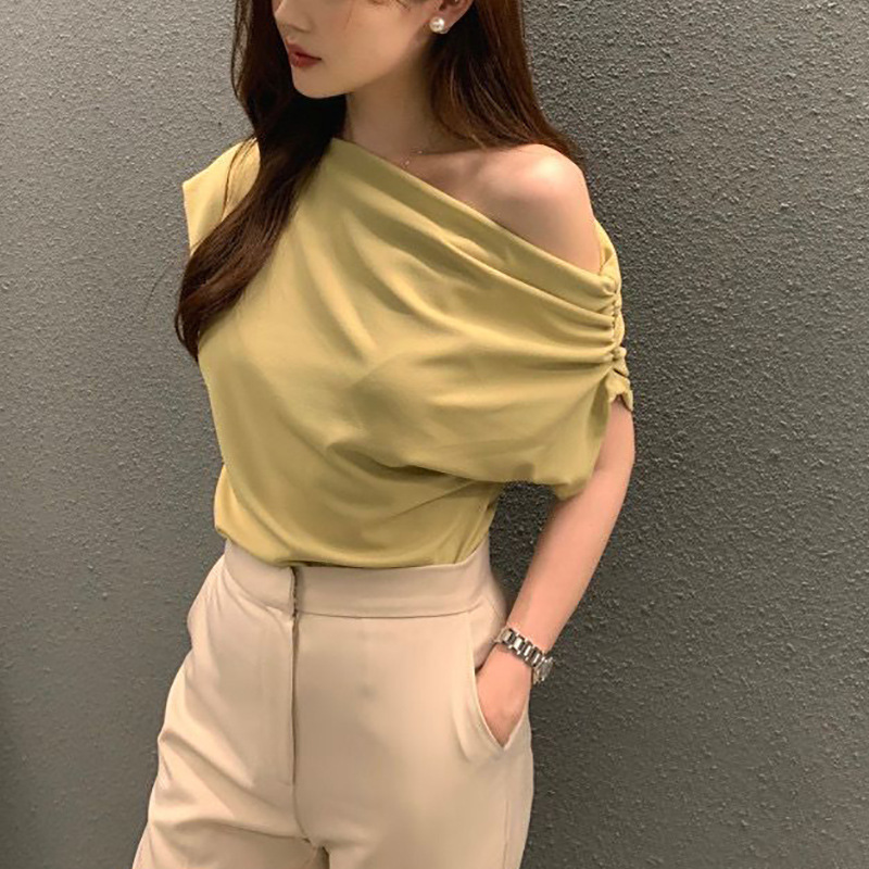 Summer New Niche Irregular Slanted Shoulder Design Loose Solid Color Pullover Short-sleeved T-shirt_ecoleips.com