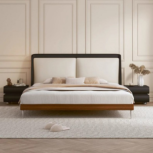 Antique Genuine Leather Vintage Simple Bean Curd Block Edges Solid Wood Double Bed Modern Italian Master Bedroom Minimalist Double