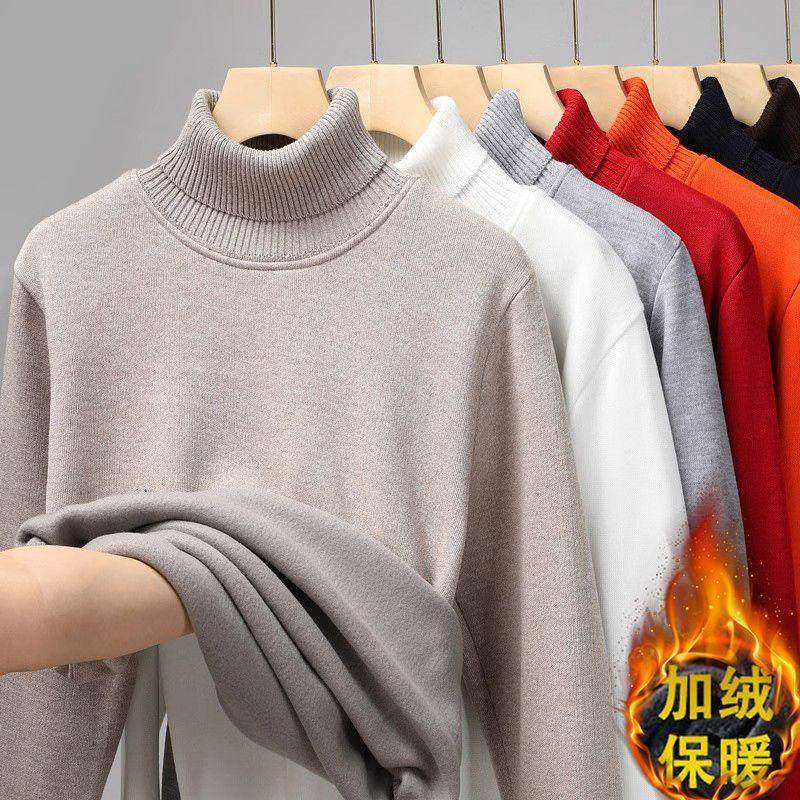 Men's Autumn/Winter Fleece-Lined Thick Sweater, Solid Color Warm Knitwear, Sweater, High Neck Collar Base Layer