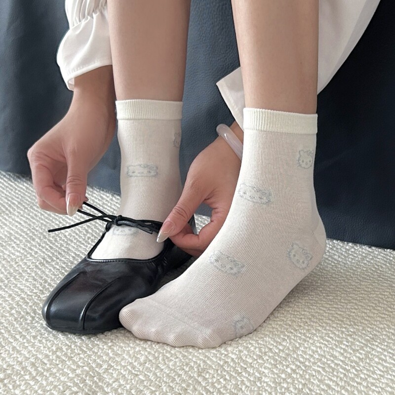 Kitty Cat Socks for Women, Korean Style Versatile Solid Color Mid-Tube Socks, Trendy Autumn and Winter New Cartoon Socks, Japanese Style Summer