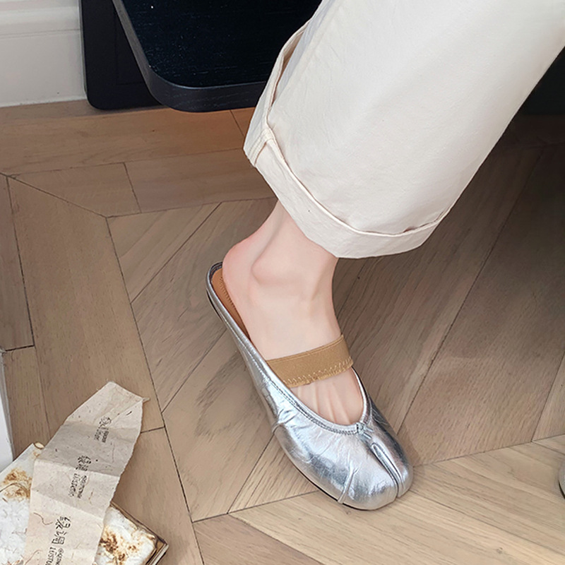 Sheepskin Version ~ Advanced Genuine Leather silver Mueller Slippers Women's Outer Wear Soft Bottom Half Slippers French Sandals Half