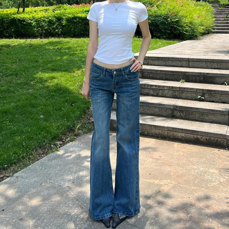 American Retro Low-Waist Flared Jeans for Women, Summer Straight-Leg Slimming Wide-Leg Bootcut Pants