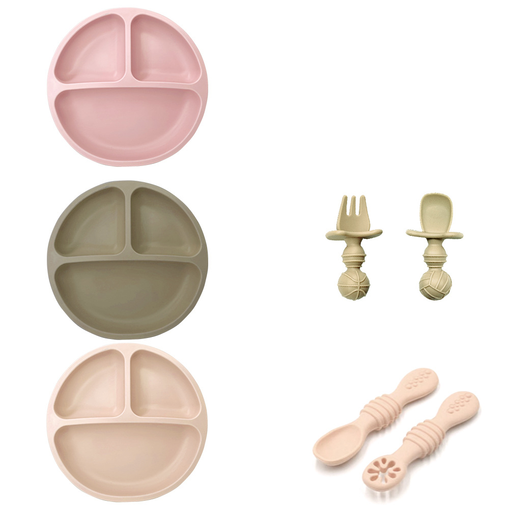 Plato para niños, taza para refrigerios, juego transfronterizo, plato de silicona, mantel individual, babero, tazón de comida resistente a caídas, cuchara de silicona en stock