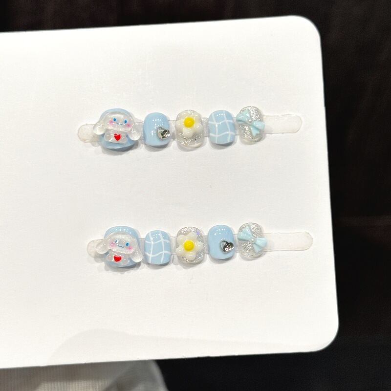 Rikaman【Blue Jade Cinnamon Rabbit】Light Blue Cinnamon Dog 3D Flower Handmade Wearable Nail Stickers for Children Aged 3-12 Rikaman【Blue Jade Cinnamon Rabbit】Light Blue Cinnamon Dog 3D Flower Handmade Wearable Nail Stickers for Children Aged 3-12
