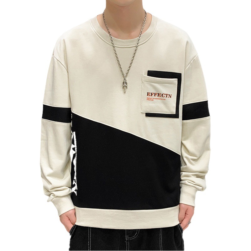 Suéter de los hombres de otoño forrado de lana suéter de manga larga cuello redondo camisa de fondo de los hombres de moda cuello redondo costura popular contraste color ropa de los hombres