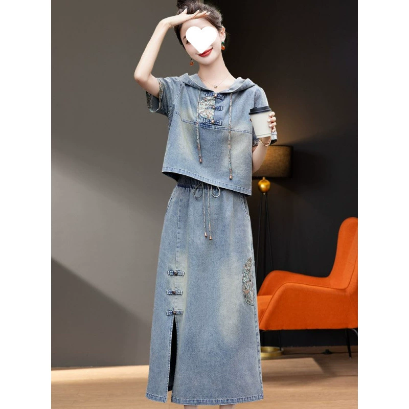 Новый китайский стиль национальной моды джинсовый костюм 2025 новый женский летний комплект с юбкой-двойкой для молодости