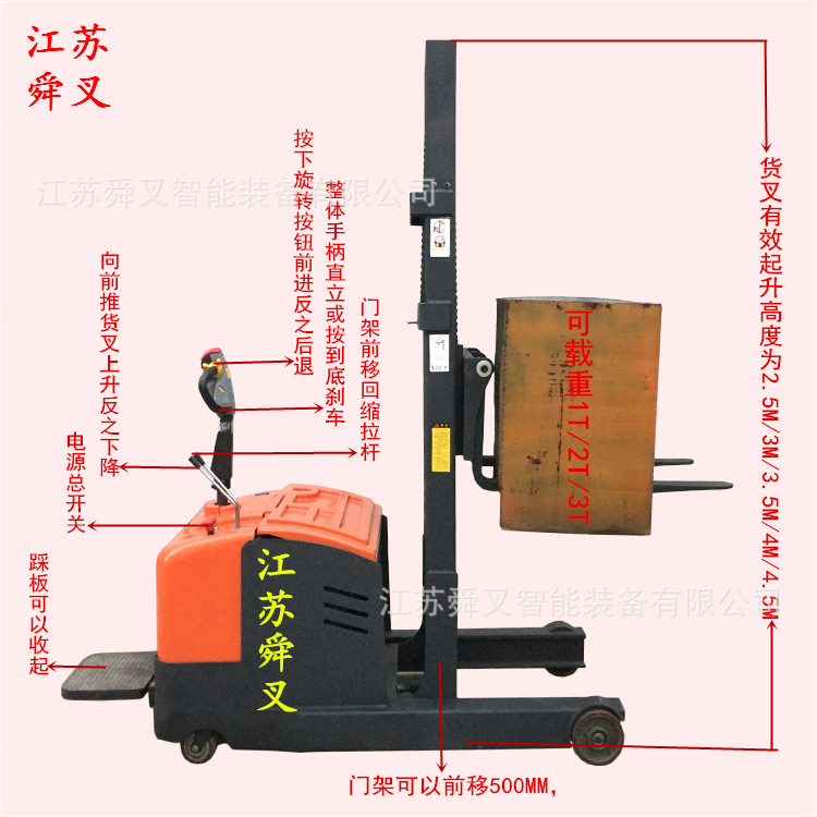 货叉可前移回缩型电动堆高车前移式液压升高车配重式全电动叉车