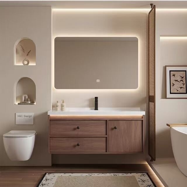 French-Style Antique Walnut Wood and Ceramic Integrated Bathroom Cabinet Set with Washbasin and Vanity