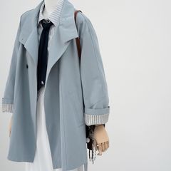 蓝色时尚条纹袖风衣外套女2025春季新款设计感立领宽松中长款大衣