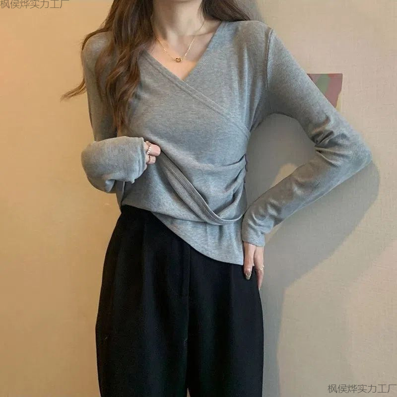 大码不规则正肩恤长袖女秋季设计感小众胖遮肚子显瘦短款内搭上衣|undefined