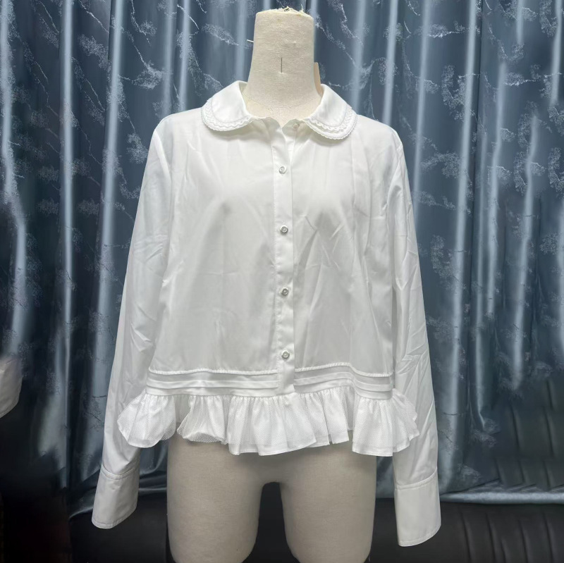 【卓*家现货】南油品质 2025早秋法式娃娃领白衬衫女小众荷叶边下|undefined
