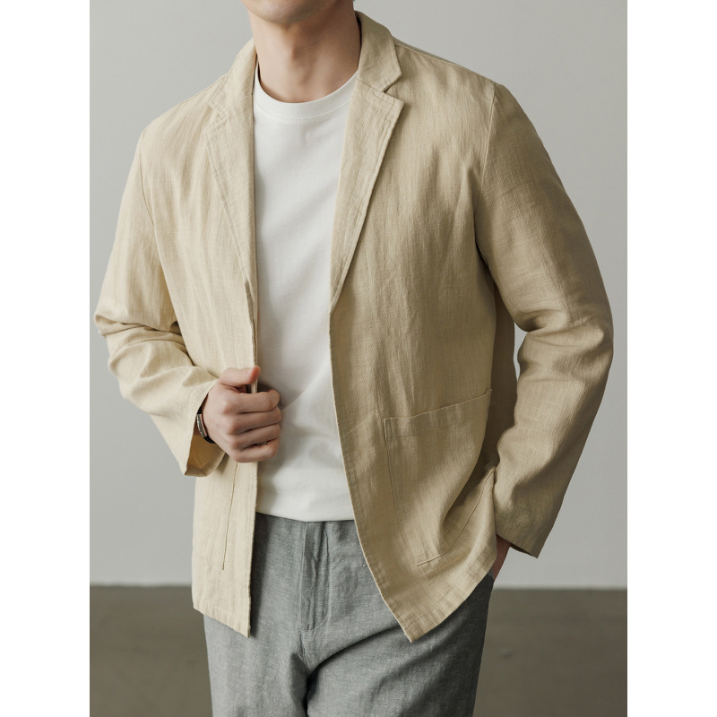 【Ramie+Cotton】Men's Casual Suit Jacket, Spring and Autumn Thin Slim Fit Single-Breasted Blazer, Versatile Top for Middle-Aged Men