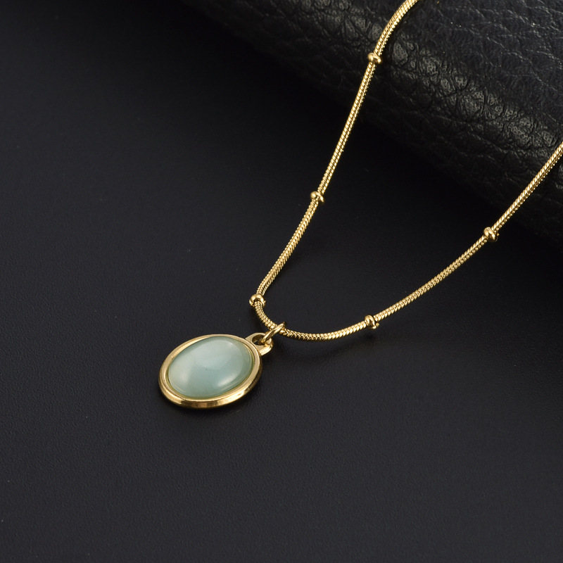 Simple oval titanium steel inlaid opal pendant geometric clavicle chain