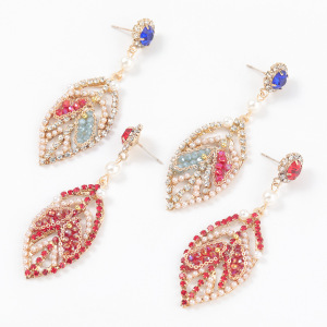 Alloy diamond inlaid pearl Leaf Earrings trendy girl party stage dance bling jewelry Earrings