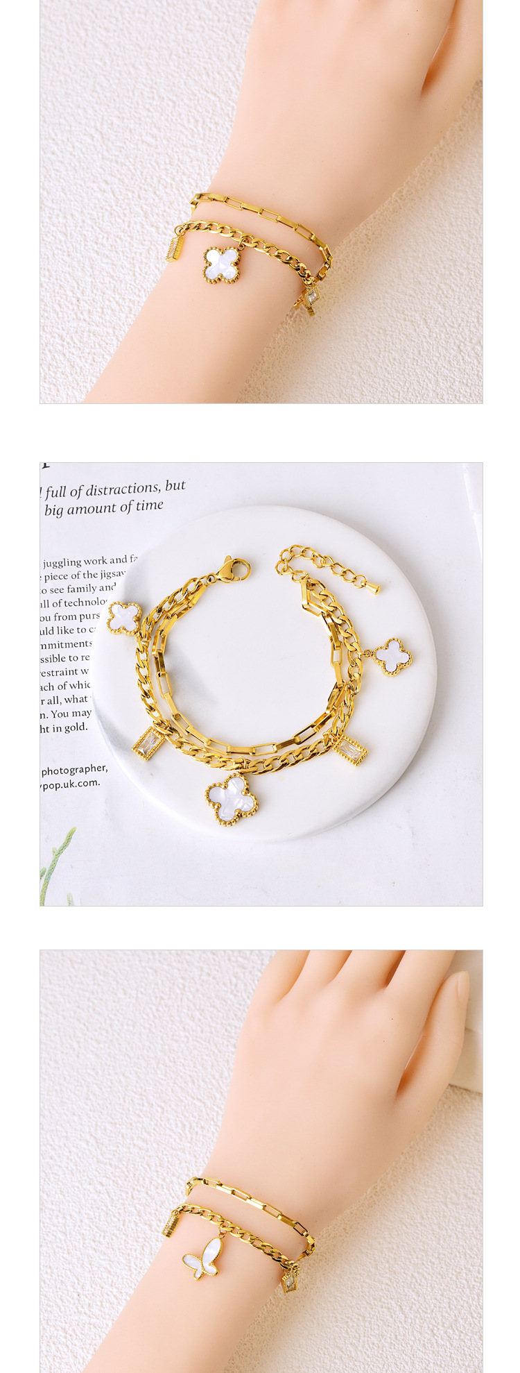 Simple Style Four Leaf Clover Heart Shape Flower 304 Stainless Steel 18K Gold Plated Turquoise Glass Stone Shell Bracelets In Bulk display picture 2