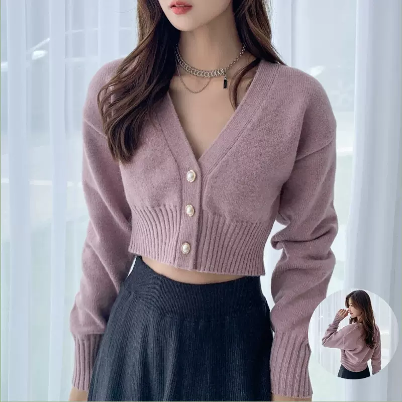 秋冬新款上衣气质修身针织开衫设计感v领小个子短款毛衣外套清仓