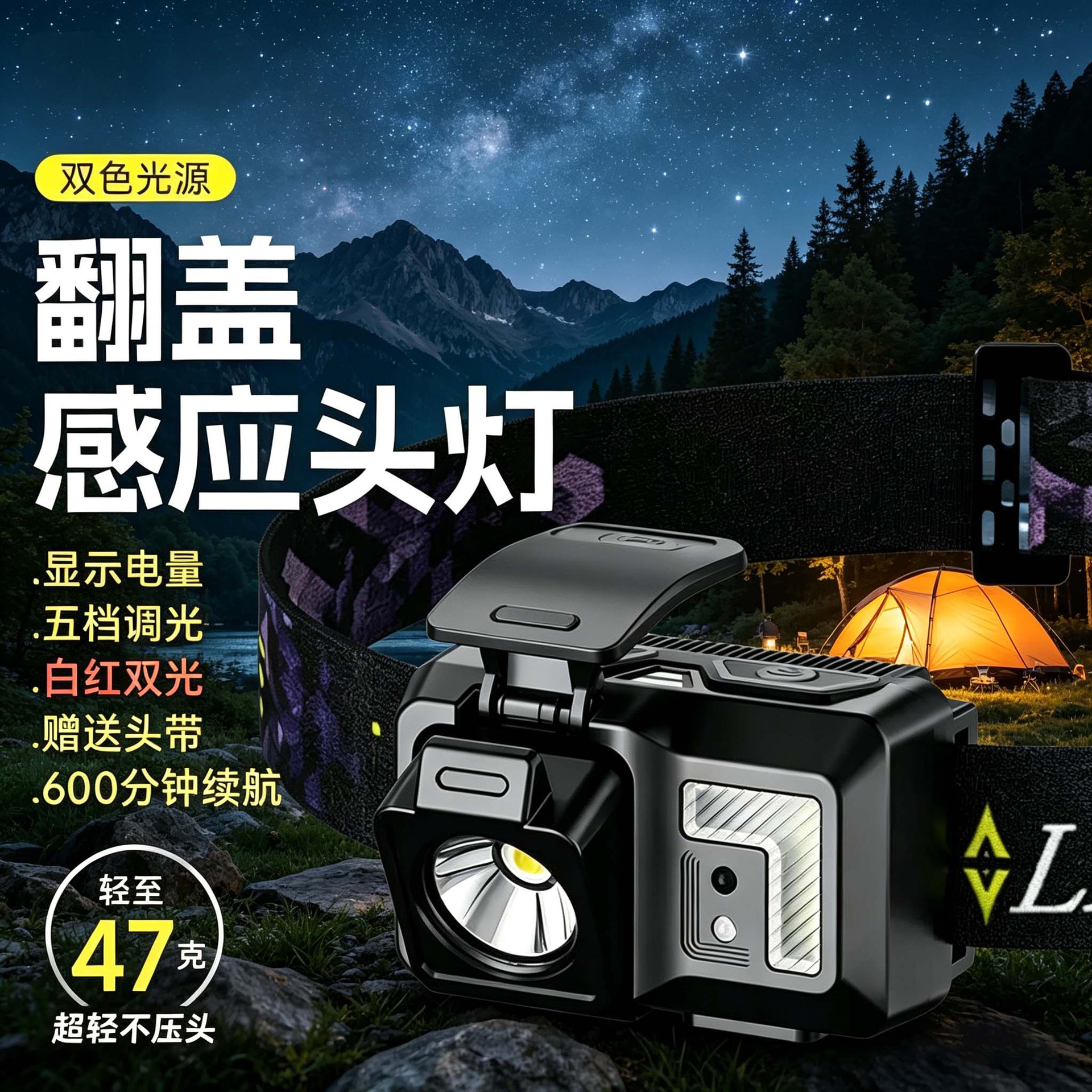 Induction Headlamp with Long Battery Life, Lithium Battery, Strong Light for Outdoor Use, Head-Mounted Flashlight, Outdoor-Specific Night Fishing Light