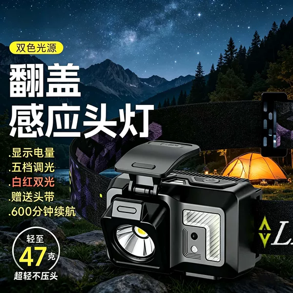 Induction Headlamp with Long Battery Life, Lithium Battery, Strong Light for Outdoor Use, Head-Mounted Flashlight, Outdoor-Specific Night Fishing Light