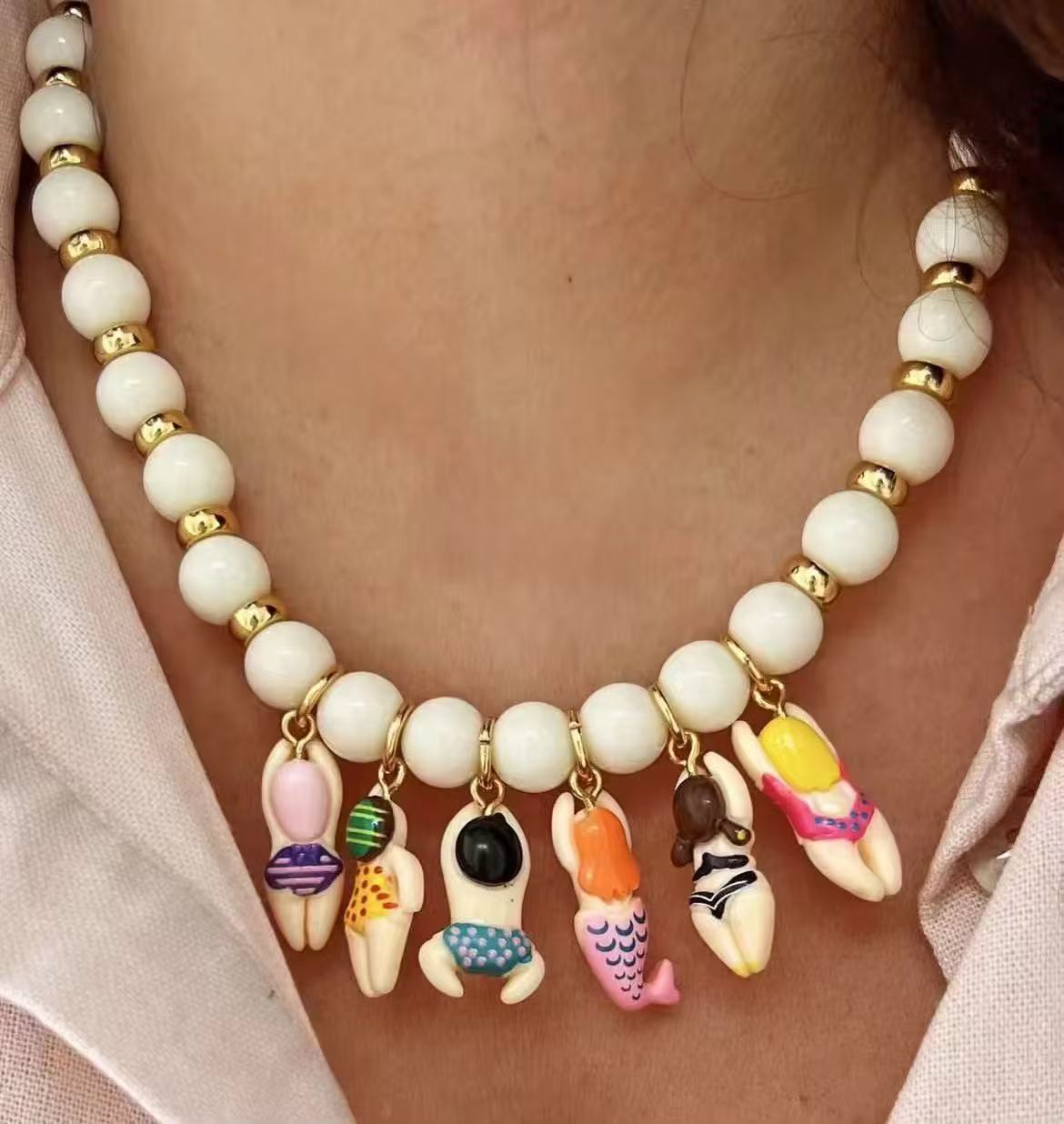 Arylic Chain Material Beaded Chain Chain Type Cute Vacation Cartoon Character Acrylic Beaded Chain Lobster Trigger Clasp Closure Beaded Necklaces Wholesale